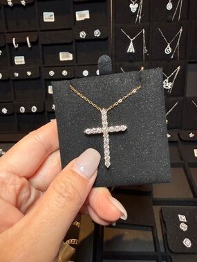 Gold Cross Pendant Necklace with Clear Moissanite